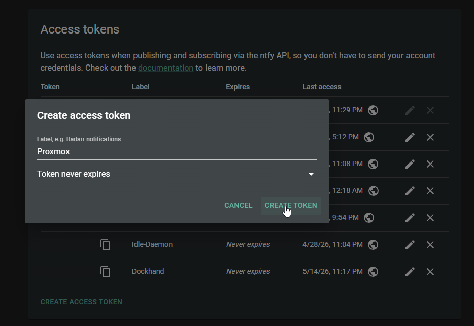 Generating an API token in the ntfy web UI