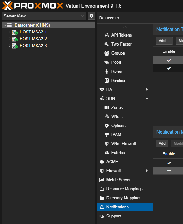 Proxmox Datacenter Notifications panel
