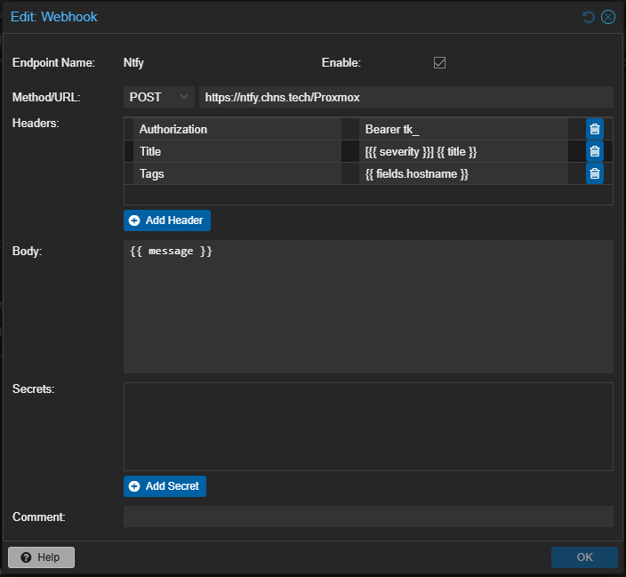 Webhook endpoint configuration form filled out