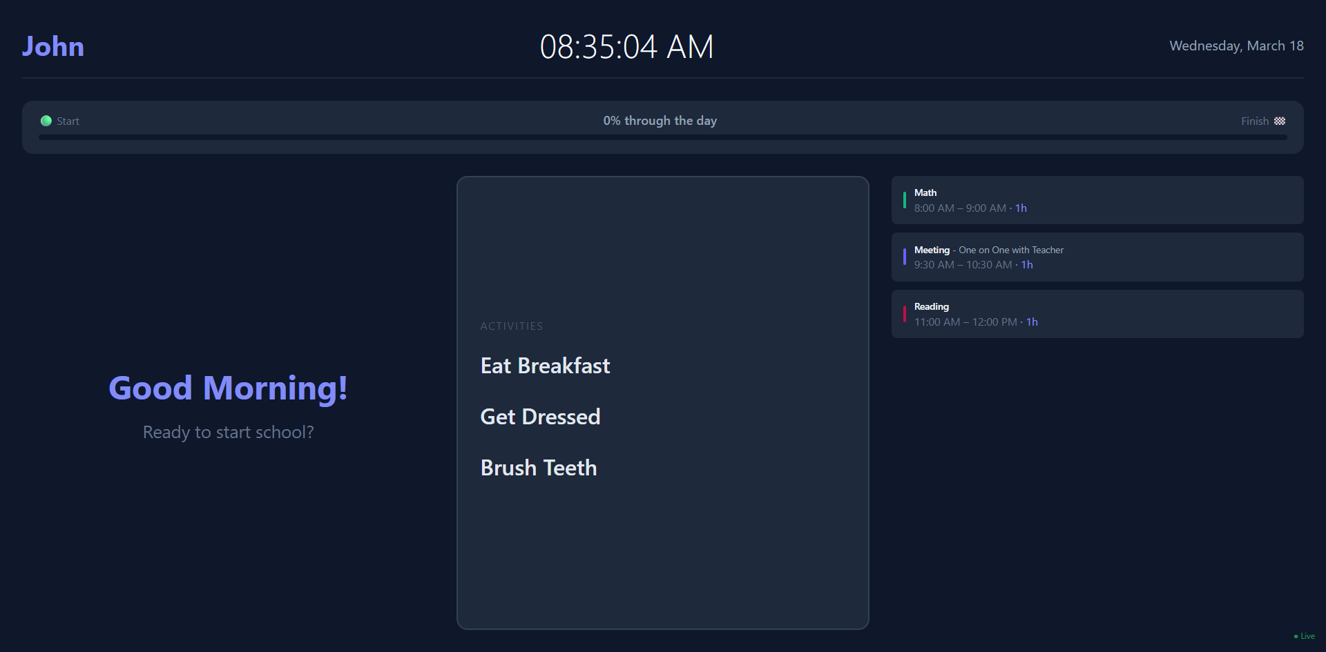 Homeschool Dashboard - Start of Day